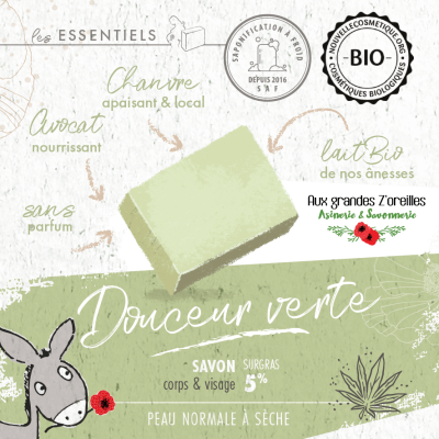 Savon bio surgras 5% au lait de nos ânesses et huile de chanvre - Douceur verte 2